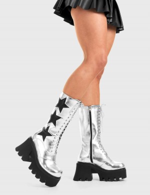 Lamoda Big League Fornido Plataforma Calf Boots Plateados Negros | 7046CRMZE