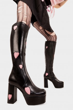 Lamoda Candyfloss Love Plataforma Knee High Boots Negros Rosas | 8102HXMLO