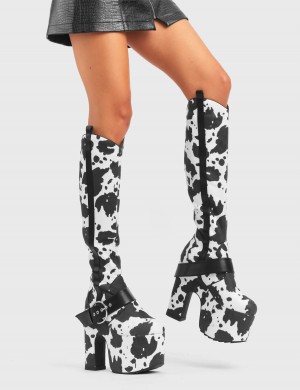 Lamoda Rhinestone Cowboy Fornido Plataforma Knee High Boots Cowprint | 2906KMCZA